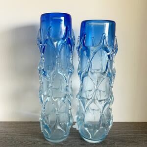 Vintage Hand Made Cobalt Blue Ombré “Web” Italian Art Glass Vase Pair 13”